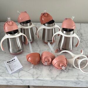 Beaba Stainless Steel Straw Sippy Cup Lot of 4 and 3 extra lids/handles